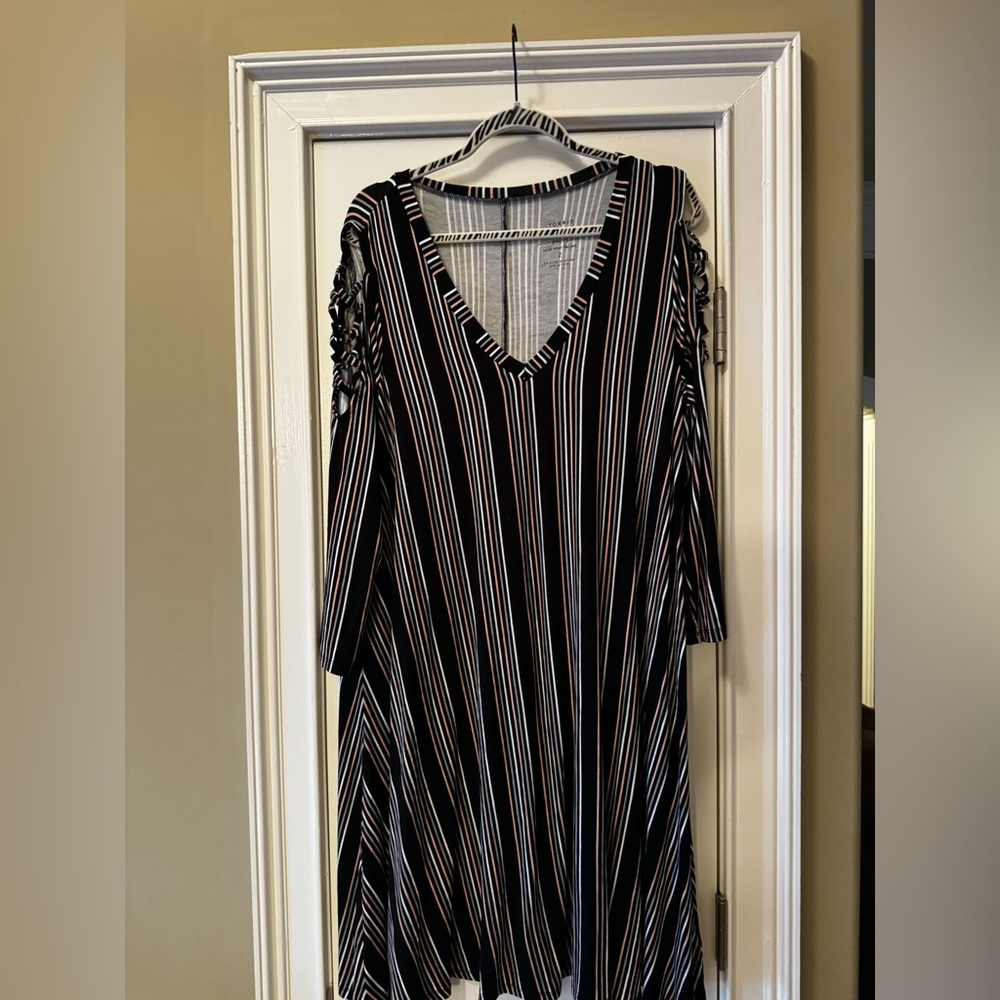 Super Soft Black Stripe Lattice Sleeve Mini Trapeze Dress 2 (18-20)